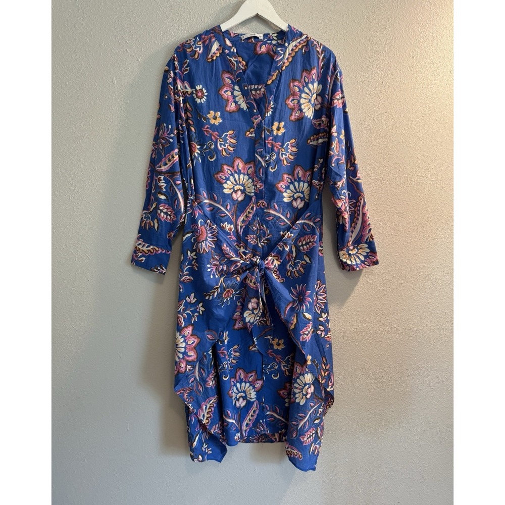 MNG by Mango Paisley Print Tie Front Midi Dress Blue Multi Cotton‎ XL Size 10